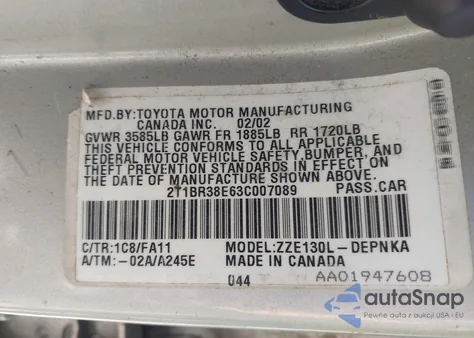 2003 Toyota Corolla Le from USA, damaged, VIN 2T1BR38E63C007089